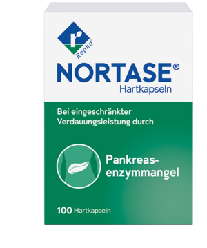 NORTASE® - Enzymersatztherapie bei Bauchspeicheldrüsenschwäche Hier sieht man die Packung vom Arzneimittel NORTASE. Es wird eingesetzt zum Ersatz von Verdauungsenzymen bei Maldigestion (Verdauungsschwäche) infolge einer gestörten Funktion der Bauchspeicheldrüse.